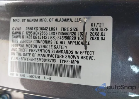 2021 Honda Pilot Awd Special Edition из США, поврежденный, VIN 5FNYF6H26MB048703